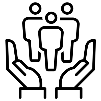 Icon image of three people floating above two hands. 