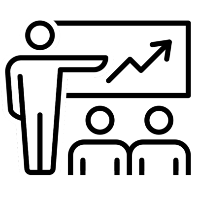 Icon image of person making a presentation. 