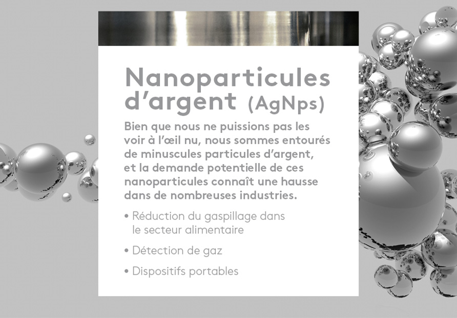 Nanoparticules d’argent.  Bien que nous ne puissions pas les voir à l’œil nu, nous sommes entourés de minuscules particules d’argent, et la demande potentielle de ces nanoparticules connaît une hausse dans de nombreuses industries.