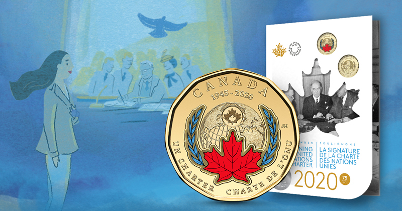 image Canada’s first-ever coloured $1 circulation coin and 2020 75th Anniversary of the Signing Of The United Nations Charter Collector Keepsake Card