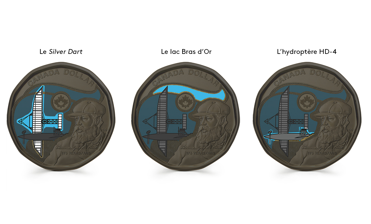 image La pièce de circulation commémorative Alexander Graham Bell présente les plans du Silver Dart et du HD-4. Le champ bleu représente le lac Bras d’Or, sur l’île du Cap-Breton, en Nouvelle-Écosse.
