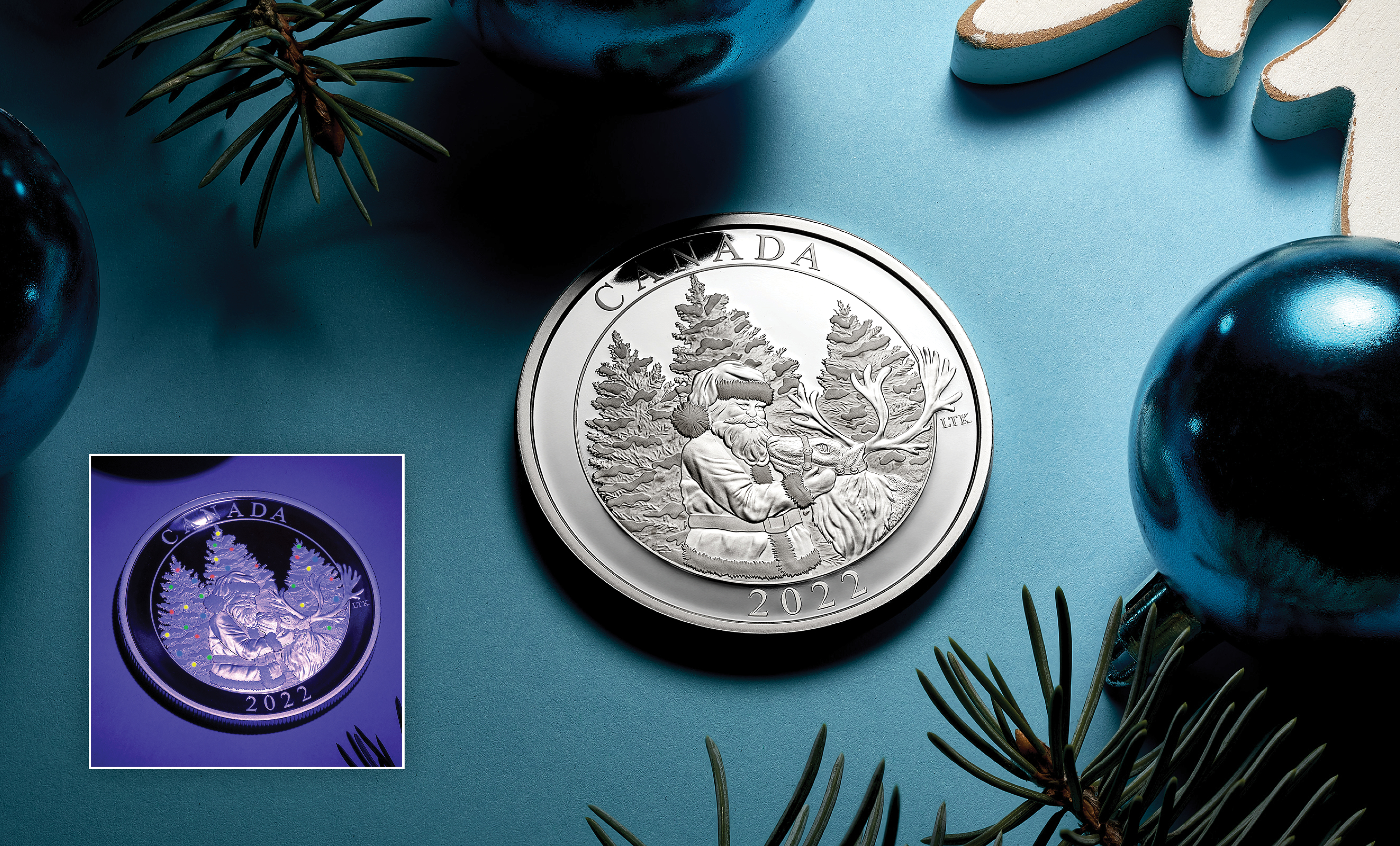 Pure Silver Coin – The Magic of the Season Both Santa and one of his reindeer bring the magic to this fine silver coin, but the engraving also includes a hidden colour element that comes to life when viewed under a black light.
