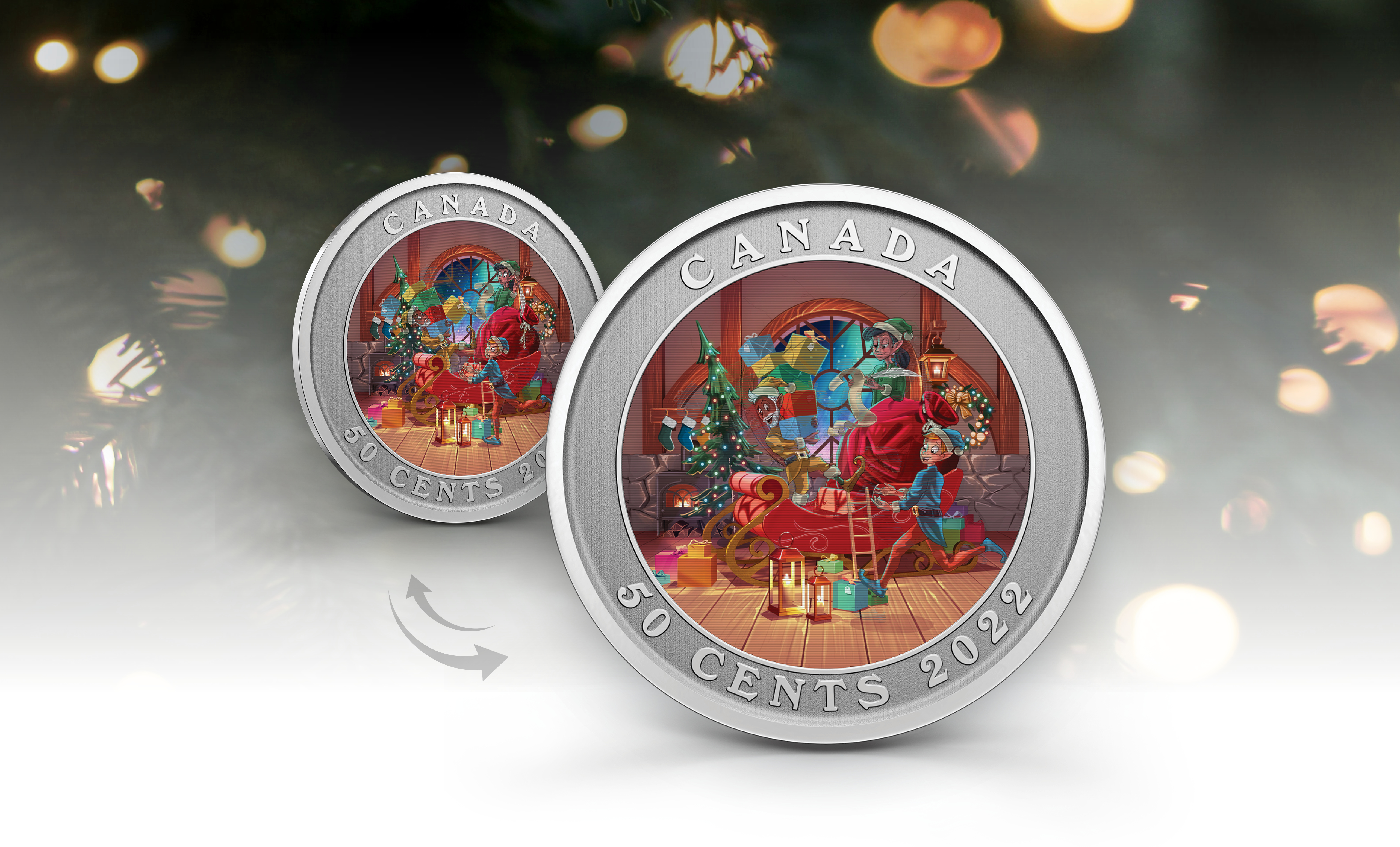 Lenticular Coin – Santa’s Sleigh This lenticular coin offers a sneak peek at preparations for Santa’s annual gift delivery. His magical helpers are working as fast as they can, but look out! When the coin is tipped, the elves will have to act quickly to catch those falling boxes.