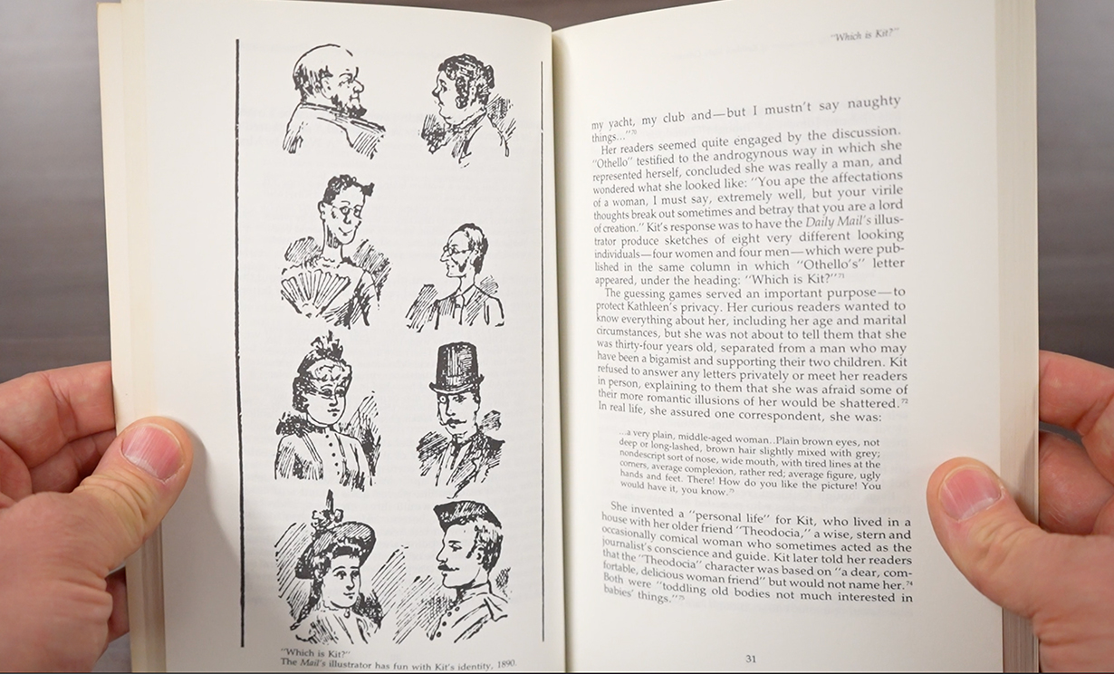 "Which is Kit?" illustration published in the Mail, 1890. Kit's readers were curious about her true identity, which she preferred to keep private. "Which is Kit?" illustration in Kit’s Kingdom: The Journalism of Kathleen Blake Coleman by Dr. Barbara Freeman
