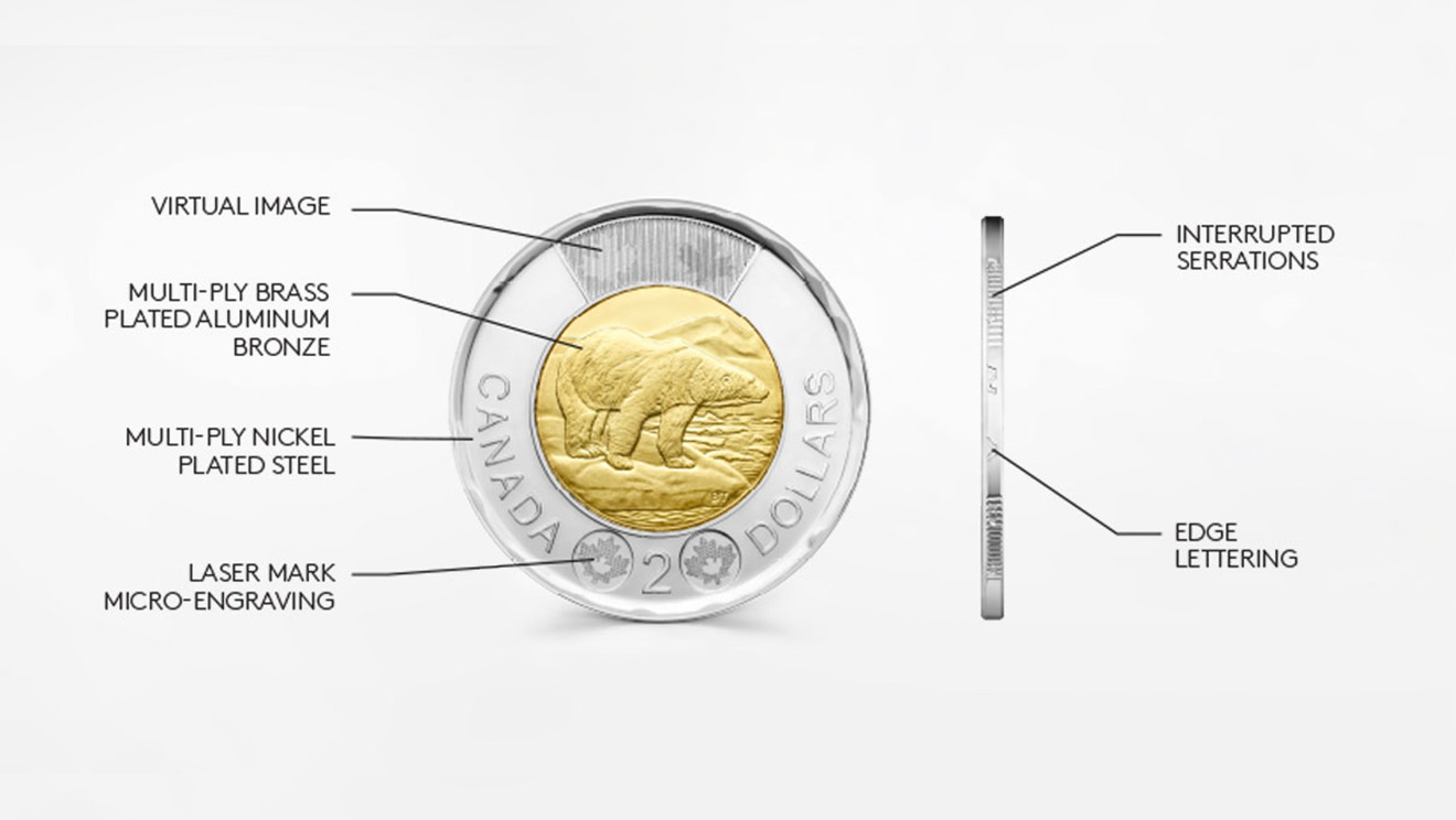 Since 2012, the reverse of Canada’s two-dollar coin features a laser mark micro-engraving, a virtual image and edge-lettering. Since 2012, the reverse of Canada’s two-dollar coin features a laser mark micro-engraving, a virtual image and edge-lettering.