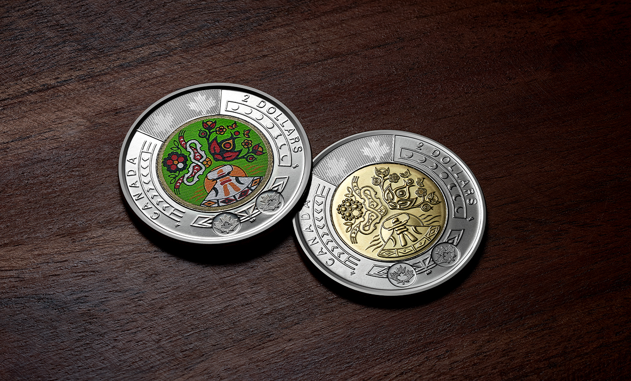 image Two versions of the 2023 National Indigenous Peoples Day commemorative $2 coin