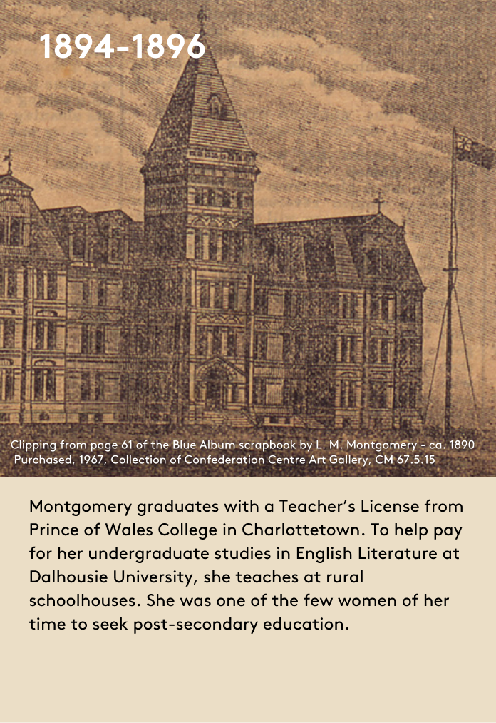 image Montgomery graduates with a Teacher’s License from Prince of Wales College in Charlottetown. To help pay for her undergraduate studies in English Literature at Dalhousie University, she teaches at rural schoolhouses. She was one of the few women of her time to seek post-secondary education.