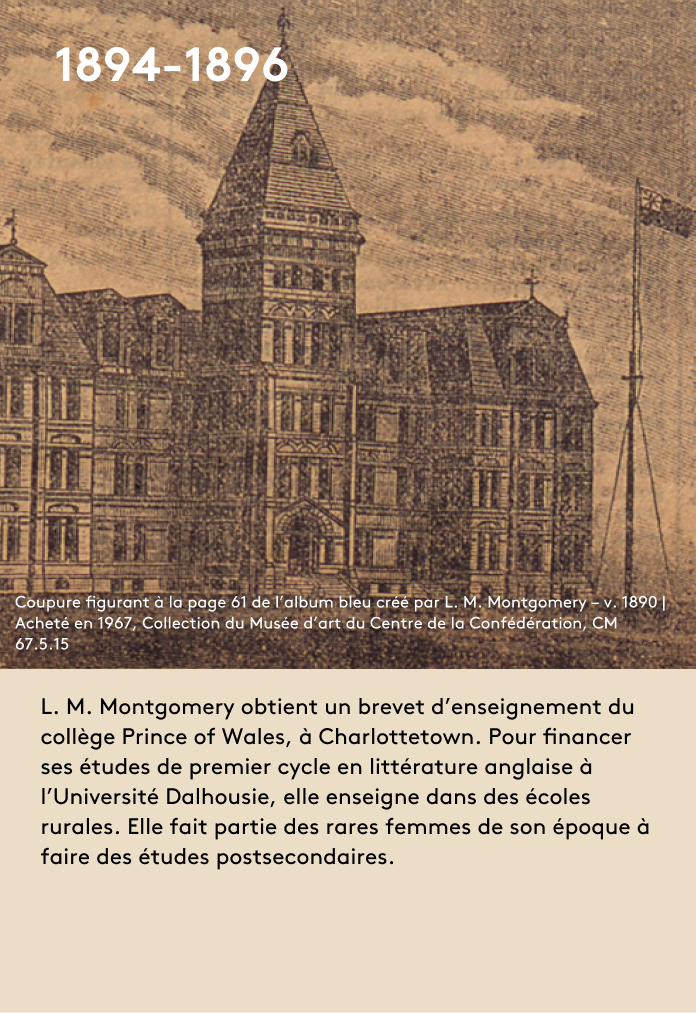 image L. M. Montgomery obtient un brevet d’enseignement du collège Prince of Wales, à Charlottetown. Pour financer ses études de premier cycle en littérature anglaise à l’Université Dalhousie, elle enseigne dans des écoles rurales. Elle fait partie des rares femmes de son époque à faire des études postsecondaires.