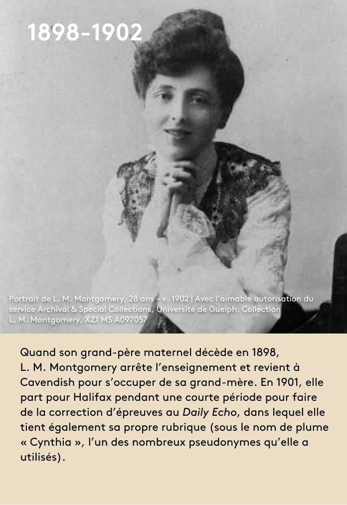 image Quand son grand-père maternel décède en 1898, L. M. Montgomery arrête l’enseignement et revient à Cavendish pour s’occuper de sa grand-mère. En 1901, elle part pour Halifax pendant une courte période pour faire de la correction d’épreuves au Daily Echo, dans lequel elle tient également sa propre rubrique (sous le nom de plume « Cynthia », l’un des nombreux pseudonymes qu’elle a utilisés).