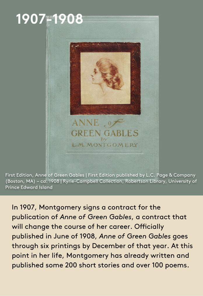 image In 1907, Montgomery signs a contract for the publication of Anne of Green Gables, a contract that will change the course of her career. Officially published in June of 1908, Anne of Green Gables goes through six printings by December of that year. At this point in her life, Montgomery has already written and published some 200 short stories and over 100 poems.