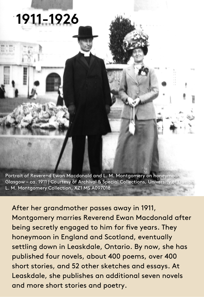 image After her grandmother passes away in 1911, Montgomery marries Reverend Ewan Macdonald after being secretly engaged to him for five years. They honeymoon in England and Scotland, eventually settling down in Leaskdale, Ontario. By now, she has published four novels, about 400 poems, over 400 short stories, and 52 other sketches and essays. At Leaskdale, she publishes an additional seven novels and more short stories and poetry.
