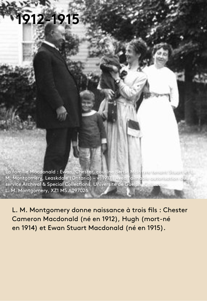 image L. M. Montgomery donne naissance à trois fils : Chester Cameron Macdonald (né en 1912), Hugh (mort-né en 1914) et Ewan Stuart Macdonald (né en 1915).