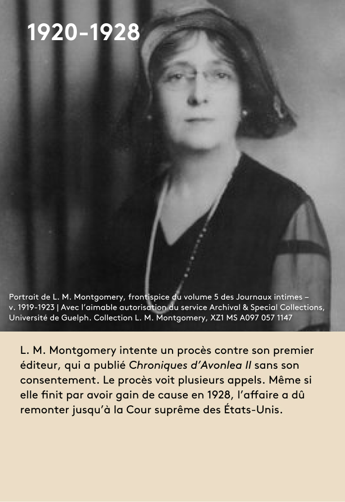 image L. M. Montgomery intente un procès contre son premier éditeur, qui a publié Chroniques d’Avonlea II sans son consentement. Le procès voit plusieurs appels. Même si elle finit par avoir gain de cause en 1928, l’affaire a dû remonter jusqu’à la Cour suprême des États-Unis.