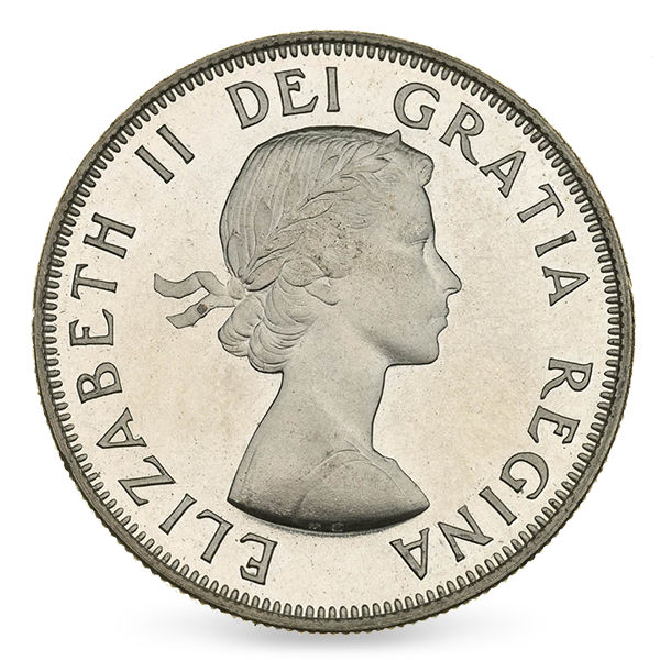 Elizabeth II (1953-1964) The effigy of Her Majesty Queen Elizabeth II first appeared on Canadian coins in 1953 when she was 27 years old. The effigy pictured here was used until 1964, with the inscription ELIZABETH II DEI GRATIA REGINA, meaning "Elizabeth II, by the grace of God, the Queen."