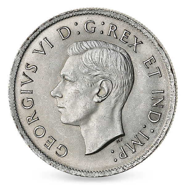 George VI (1937-1952) Her Majesty Queen Elizabeth II's father appeared in effigy on Canadian coins until his daughter's Coronation in 1952. Until 1947, the inscription accompanying his image read GEORGIVS VI D:G:REX ET IND:IMP or GEORGIVS VI DEI GRA REX ET IND:IMP (depending on the denomination). After India became independent in 1947, the ET IND:IMP, which meant “George VI, Emperor of India,” was discontinued.