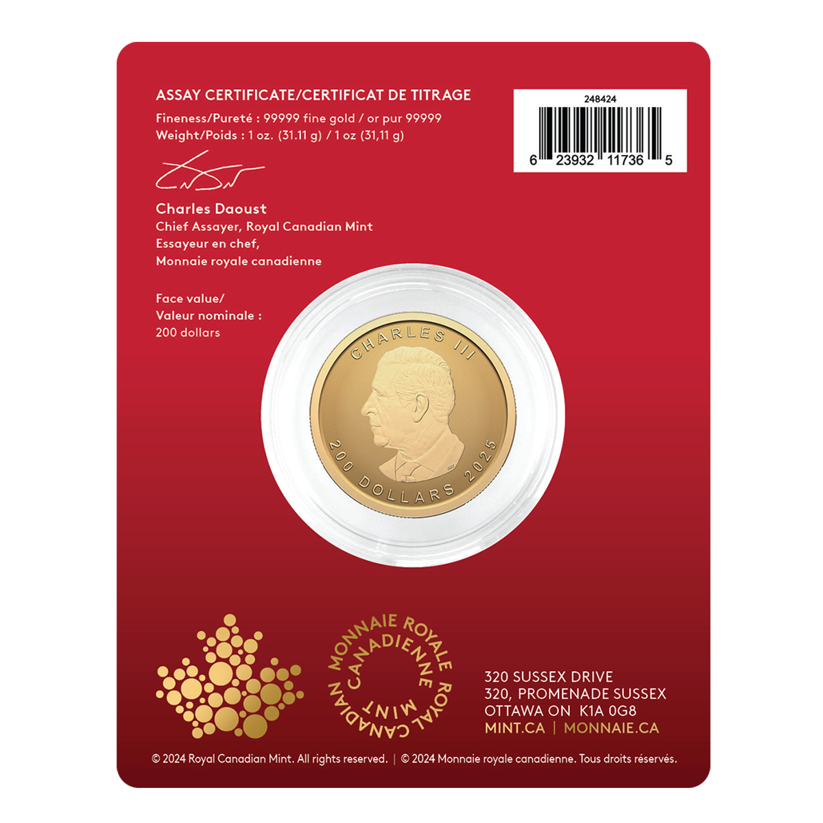 2025 Our Purest Maple Leaf - 1 oz. 99.999% Pure Gold Coin (Premium Bullion)