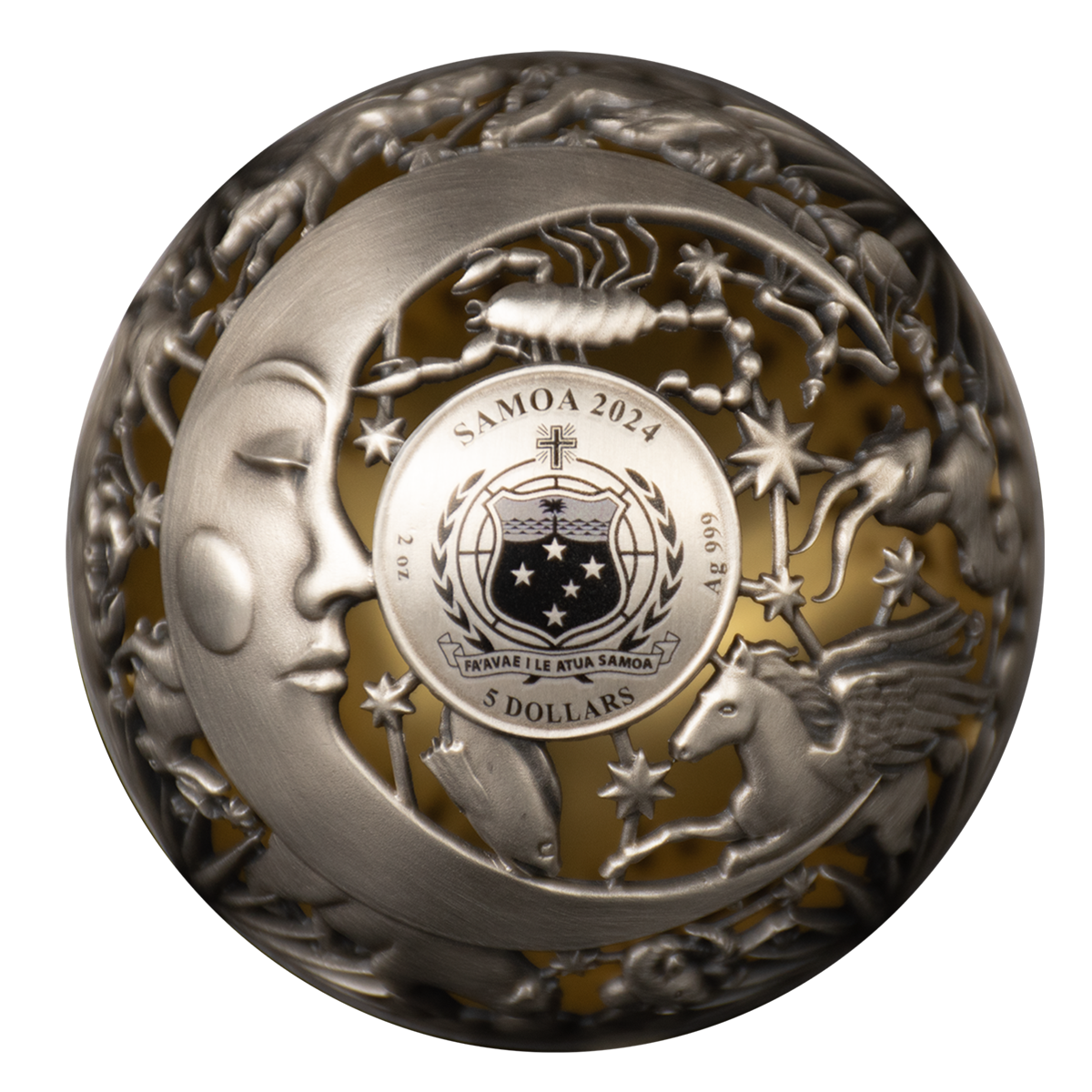 2024 $5 Fine Silver Coin - Filigree Spherical Sun And Moon