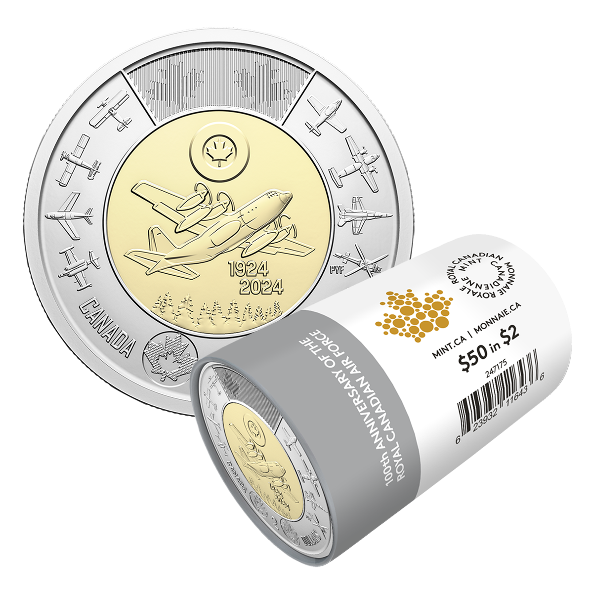 image Rouleau spécial de pièces de 2 $ 2024 – 100ᵉ anniversaire de l’Aviation royale canadienne (version non colorée)