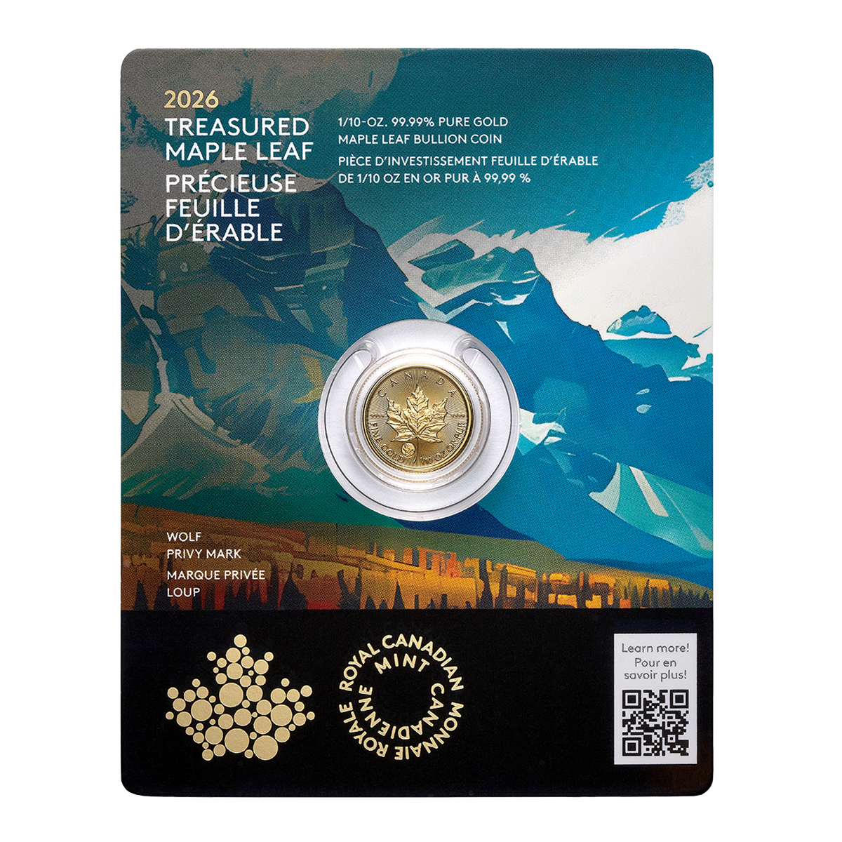 Précieuse Feuille d’érable en or : Marque privée Loup - Pièce de 1/10 oz en or pur à 99,99 % 2026 (pièce d’investissement haut de gamme)