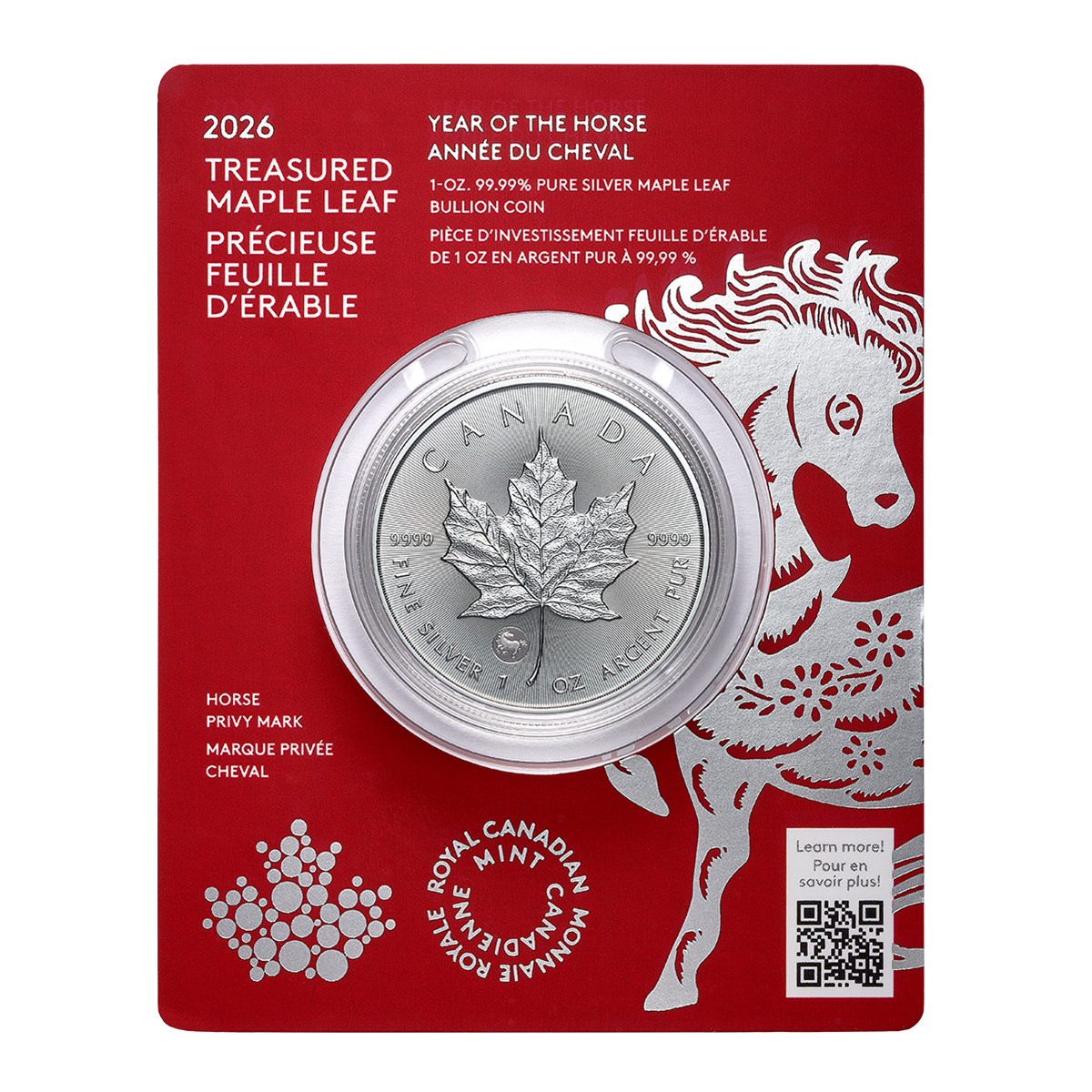 2026 Treasured Silver Maple Leaf: Year of the Horse Privy Mark - 1-oz. 99.99% Pure Silver Coin (Premium Bullion)