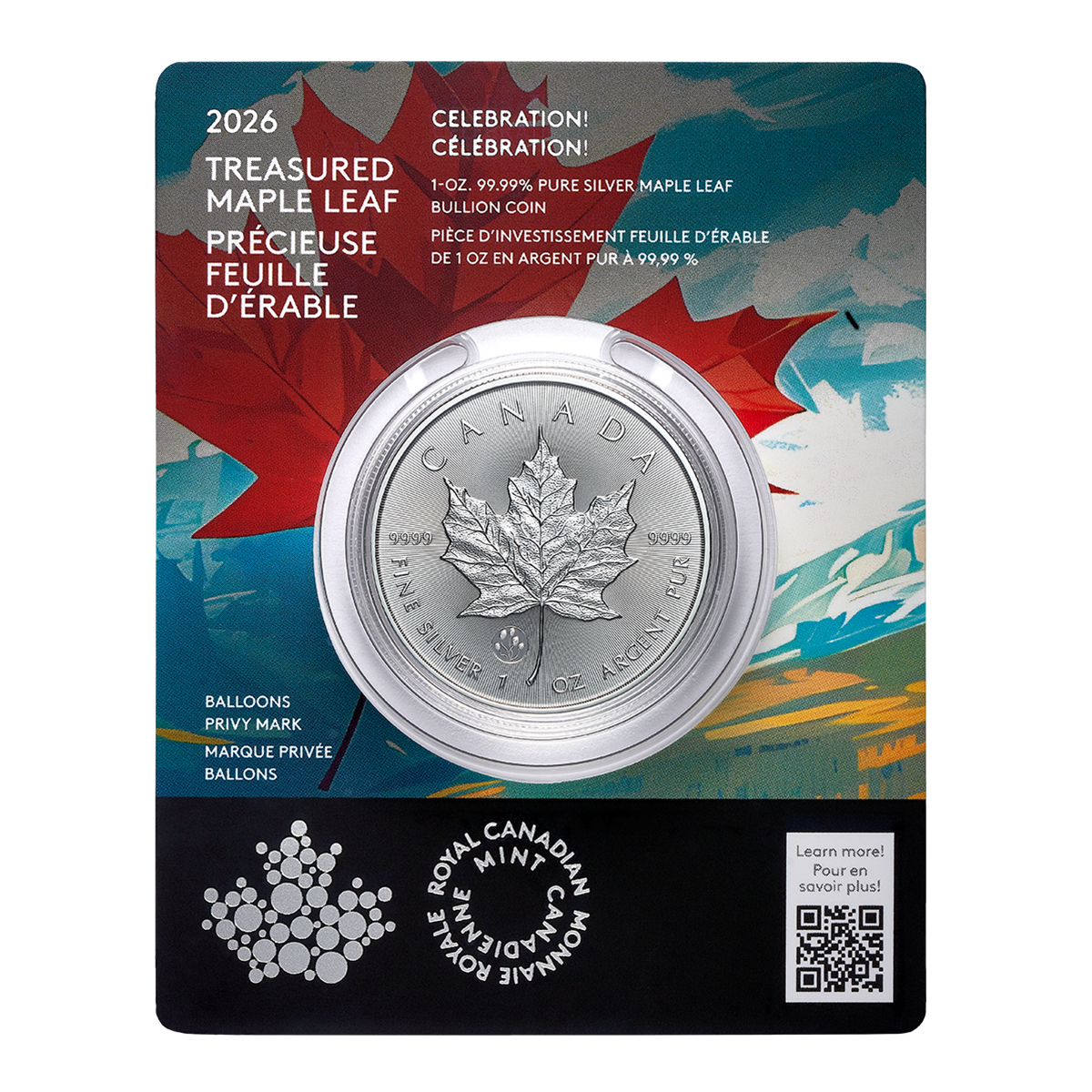 Précieuse Feuille d’érable en argent : Marque privée Célébration - Pièce de 1 oz en argent pur à 99,99 % 2026 (pièce d’investissement haut de gamme)