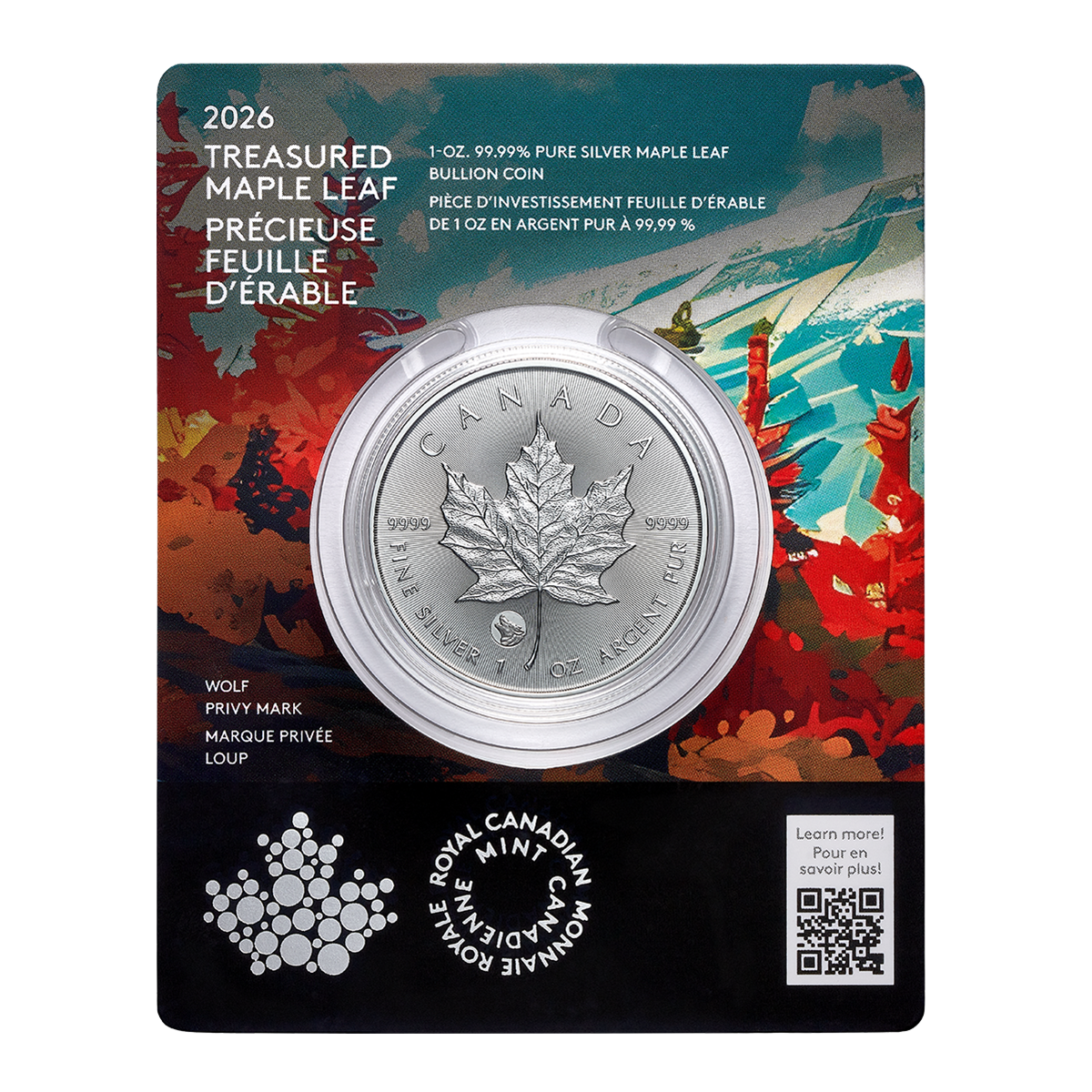 Précieuse Feuille d’érable en argent : Marque privée Loup - Pièce de 1 oz en argent pur à 99,99 % 2026 (pièce d’investissement haut de gamme)