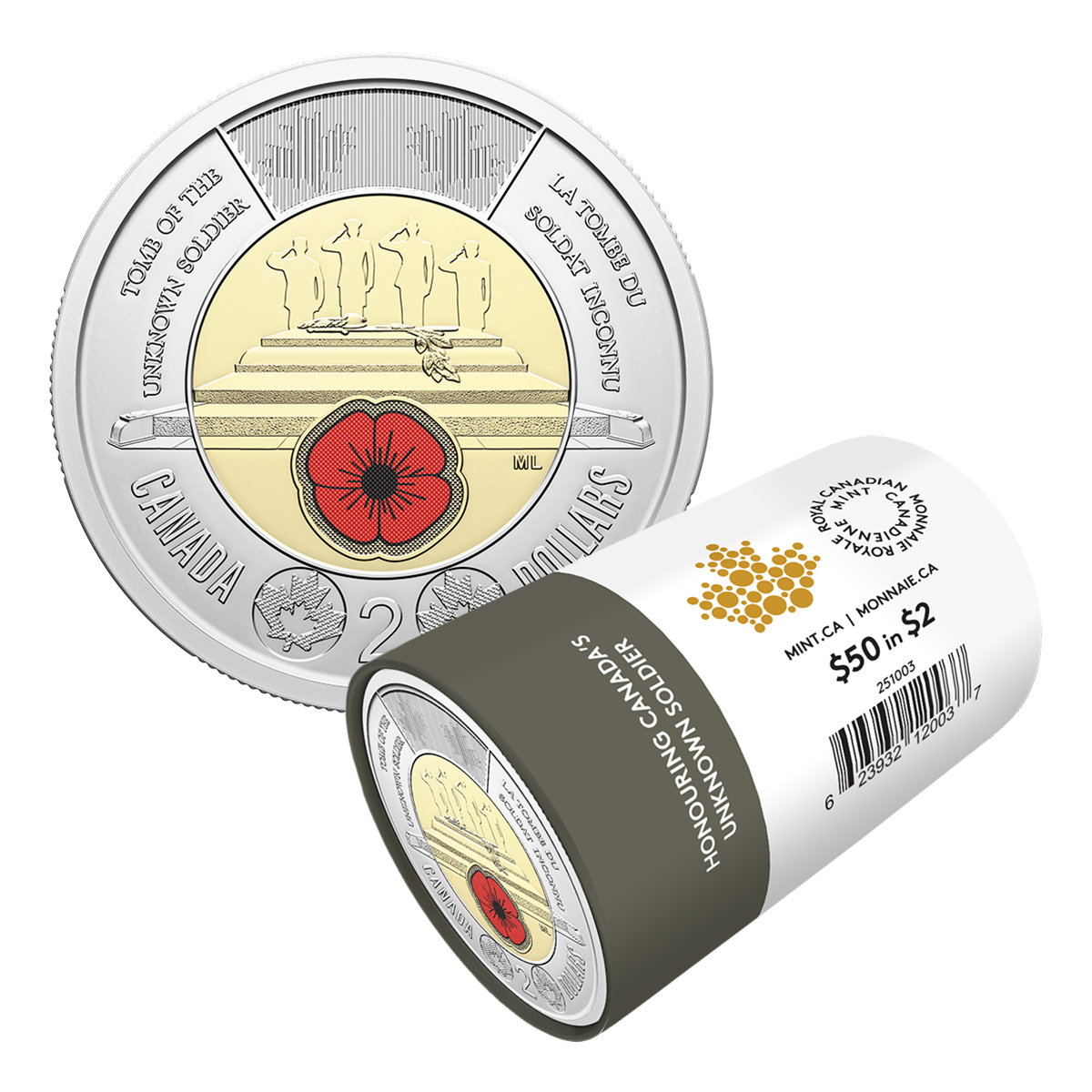 Rouleau spécial de pièces de 2 $ 2025 – Hommage au Soldat inconnu du Canada (version colorée)