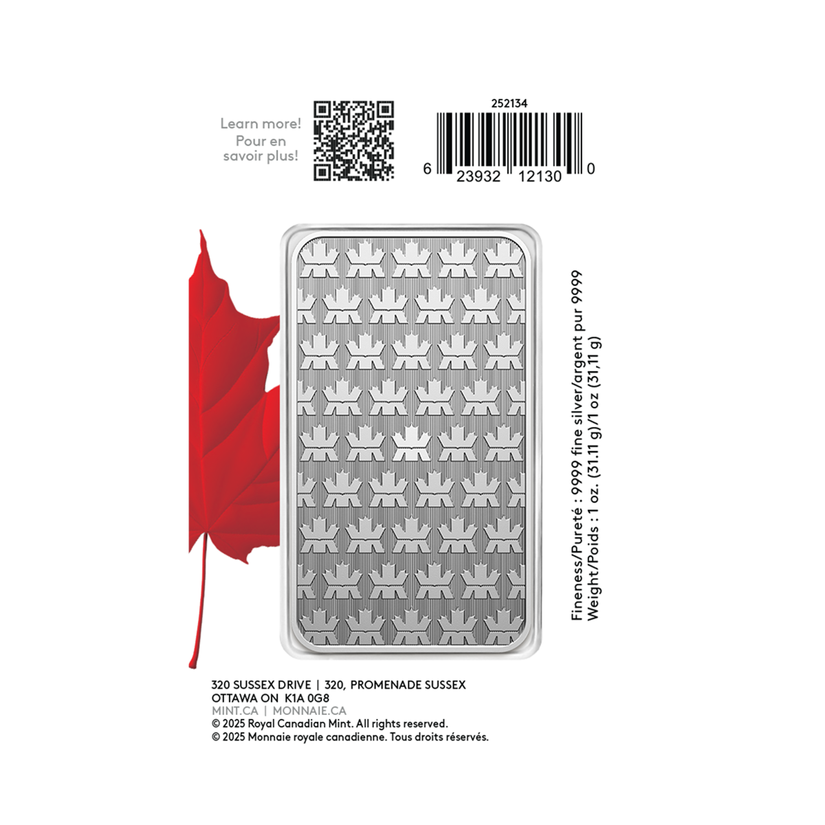 Lingot de 1 oz en argent pur à 99,99 % 2025 – Emballage Fièrement canadien (produit d’investissement haut de gamme)