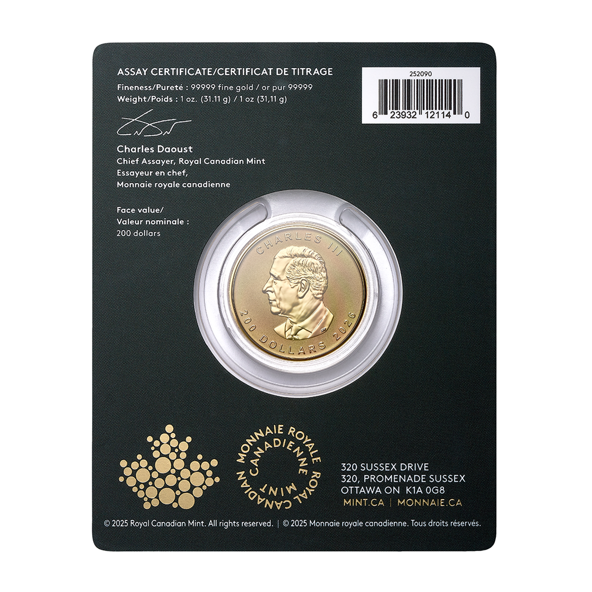 Feuille d’érable : Pureté inégalée – Pièce de 1 oz en or pur à 99,999 % 2026 (pièce d’investissement haut de gamme)