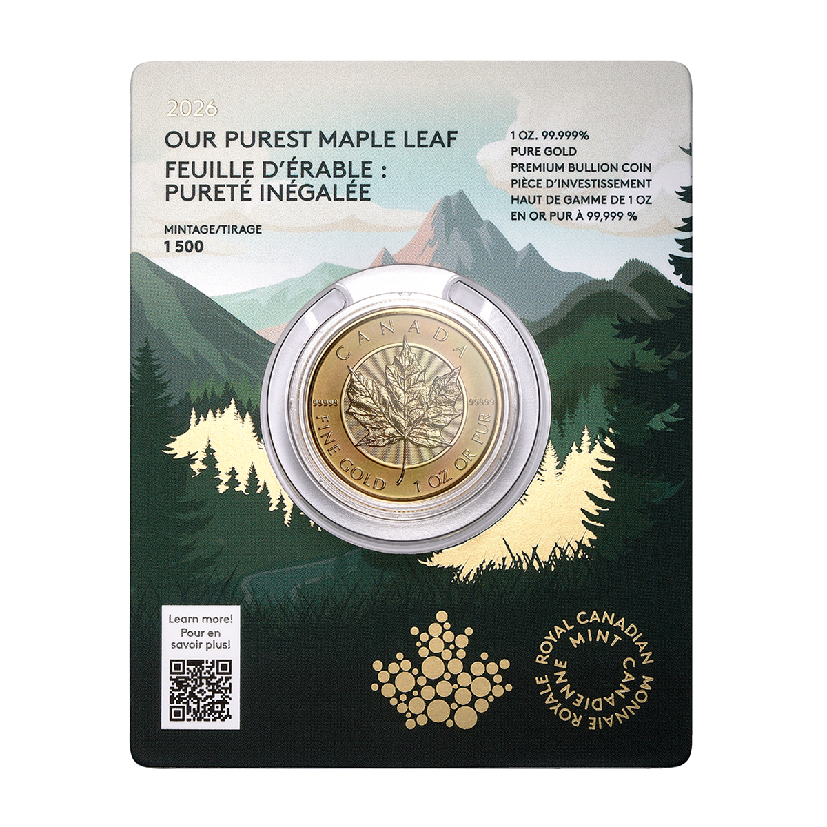 Feuille d’érable : Pureté inégalée – Pièce de 1 oz en or pur à 99,999 % 2026 (pièce d’investissement haut de gamme)