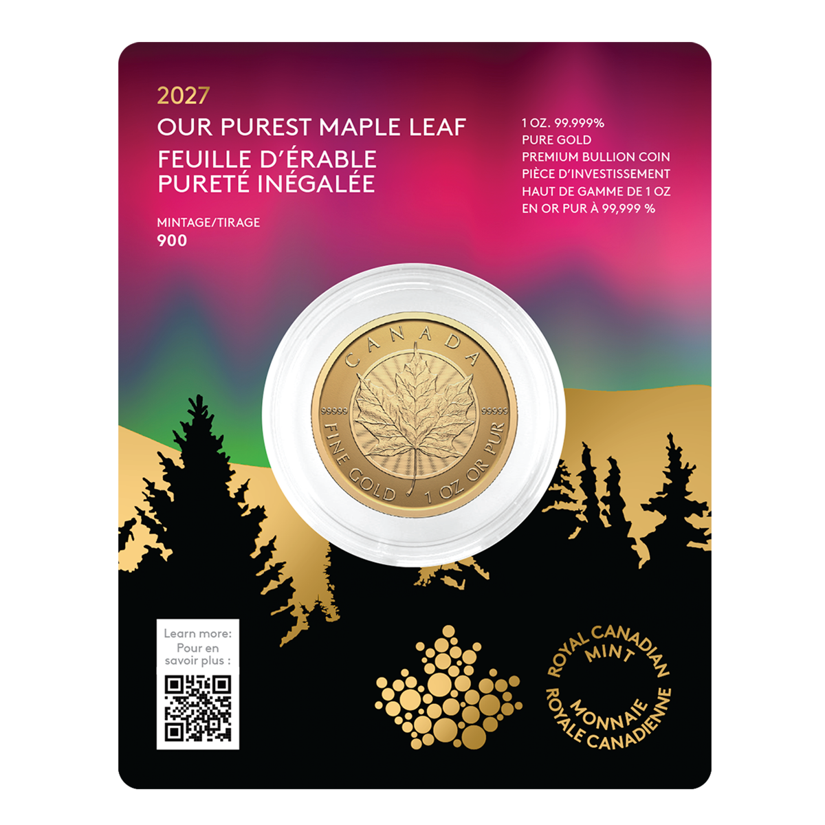 Feuille d’érable : Pureté inégalée – Pièce de 1 oz en or pur à 99,999 % 2027 (pièce d’investissement haut de gamme)
