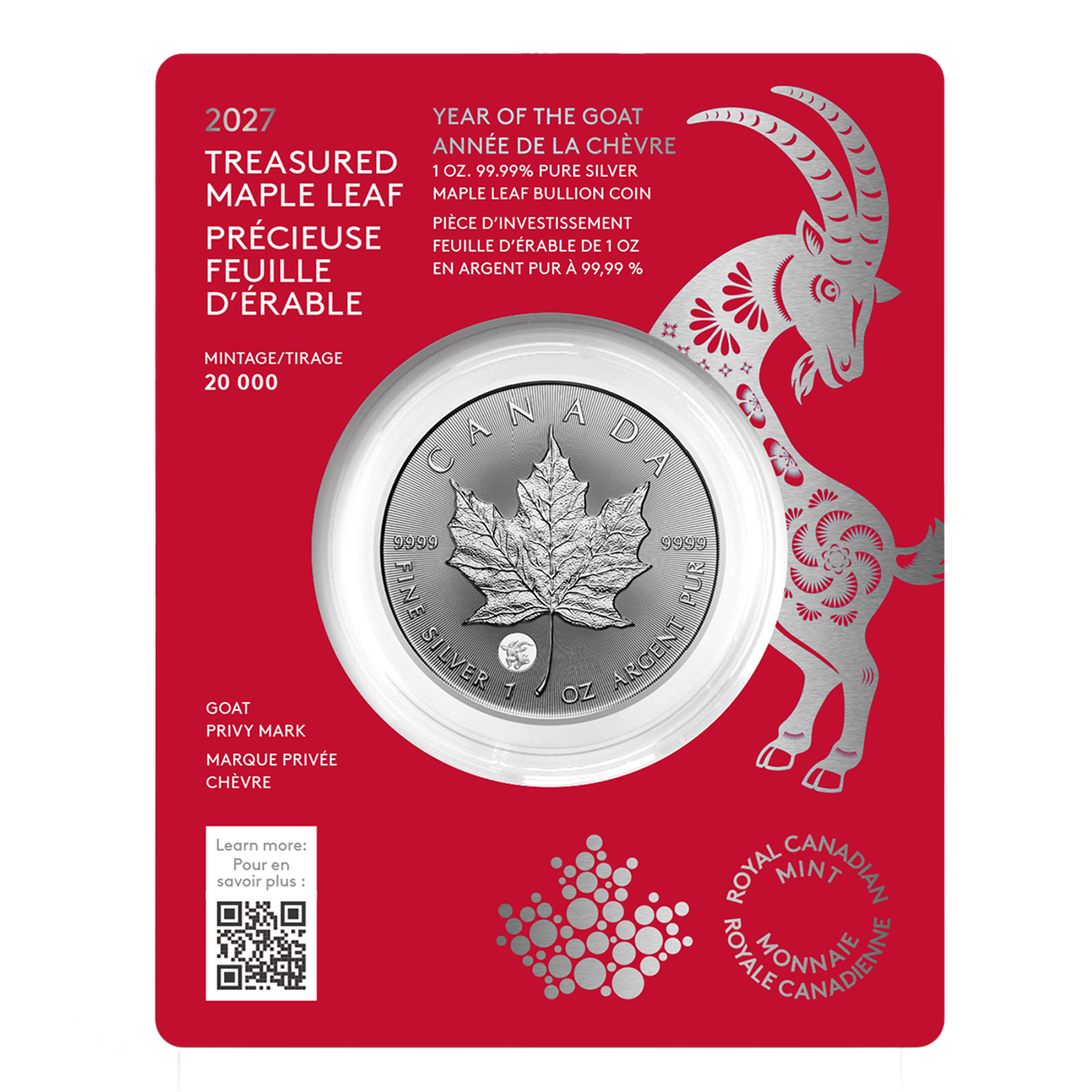 2027 Treasured Silver Maple Leaf: Year of the Goat Privy Mark - 1 oz. 99.99% Pure Silver Coin (Premium Bullion)