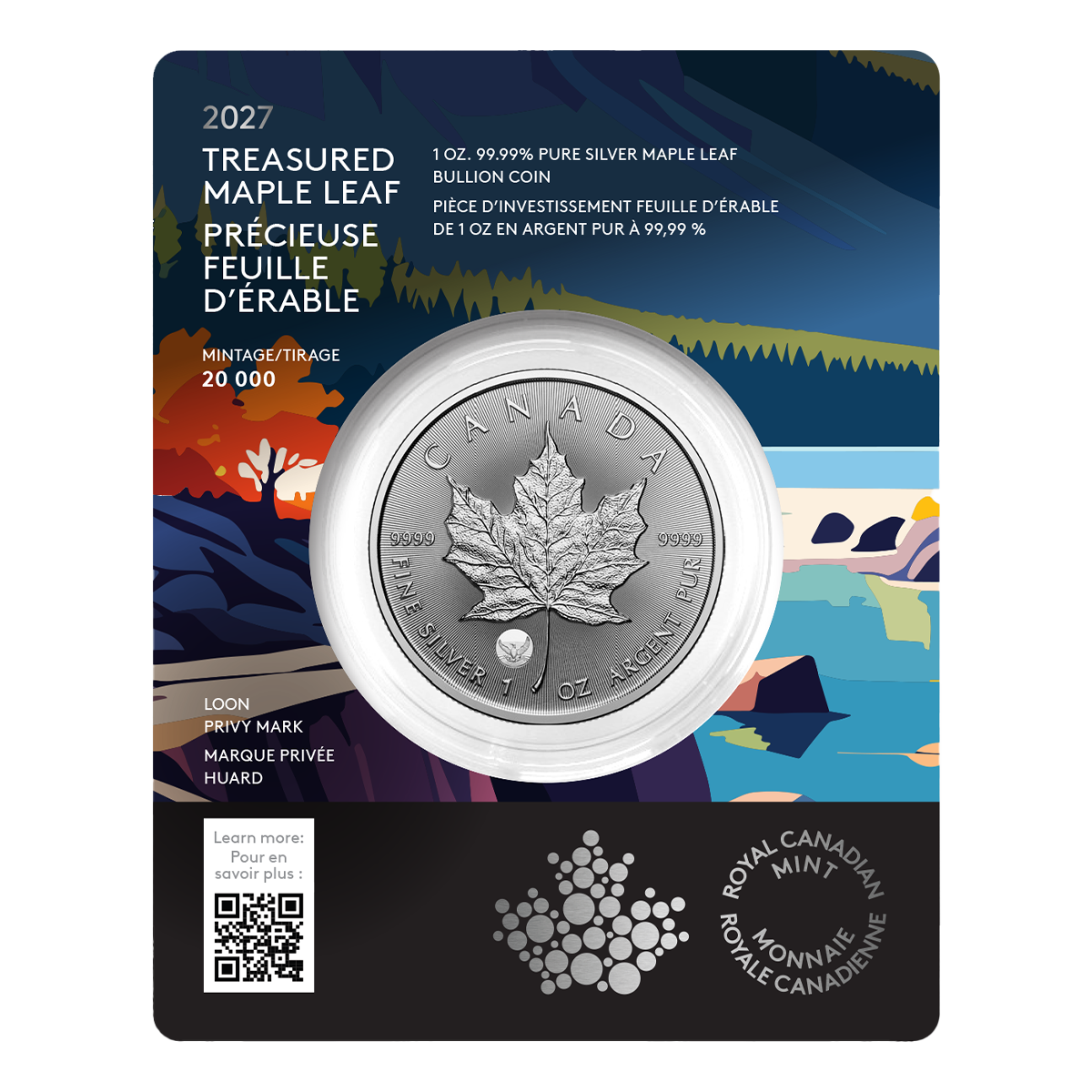 2027 Treasured Silver Maple Leaf: Loon Privy Mark - 1 oz. 99.99% Pure Silver Coin (Premium Bullion)
