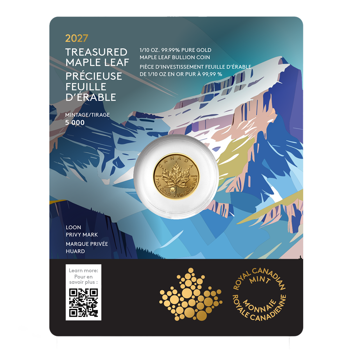 Pièce de 1/10 oz en or pur à 99,99 % 2027 – Précieuse Feuille d’érable en or : Marque privée Huard (pièce d’investissement haut de gamme)