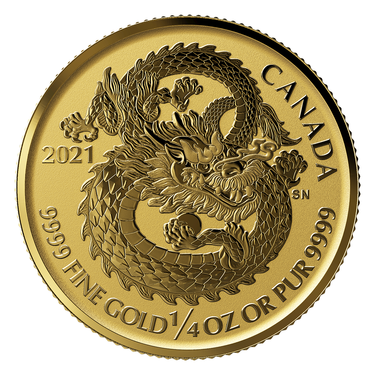 2021 Dragon - Pièce de 1/4 oz en or pur à 99,99 % (pièce d'investissement)