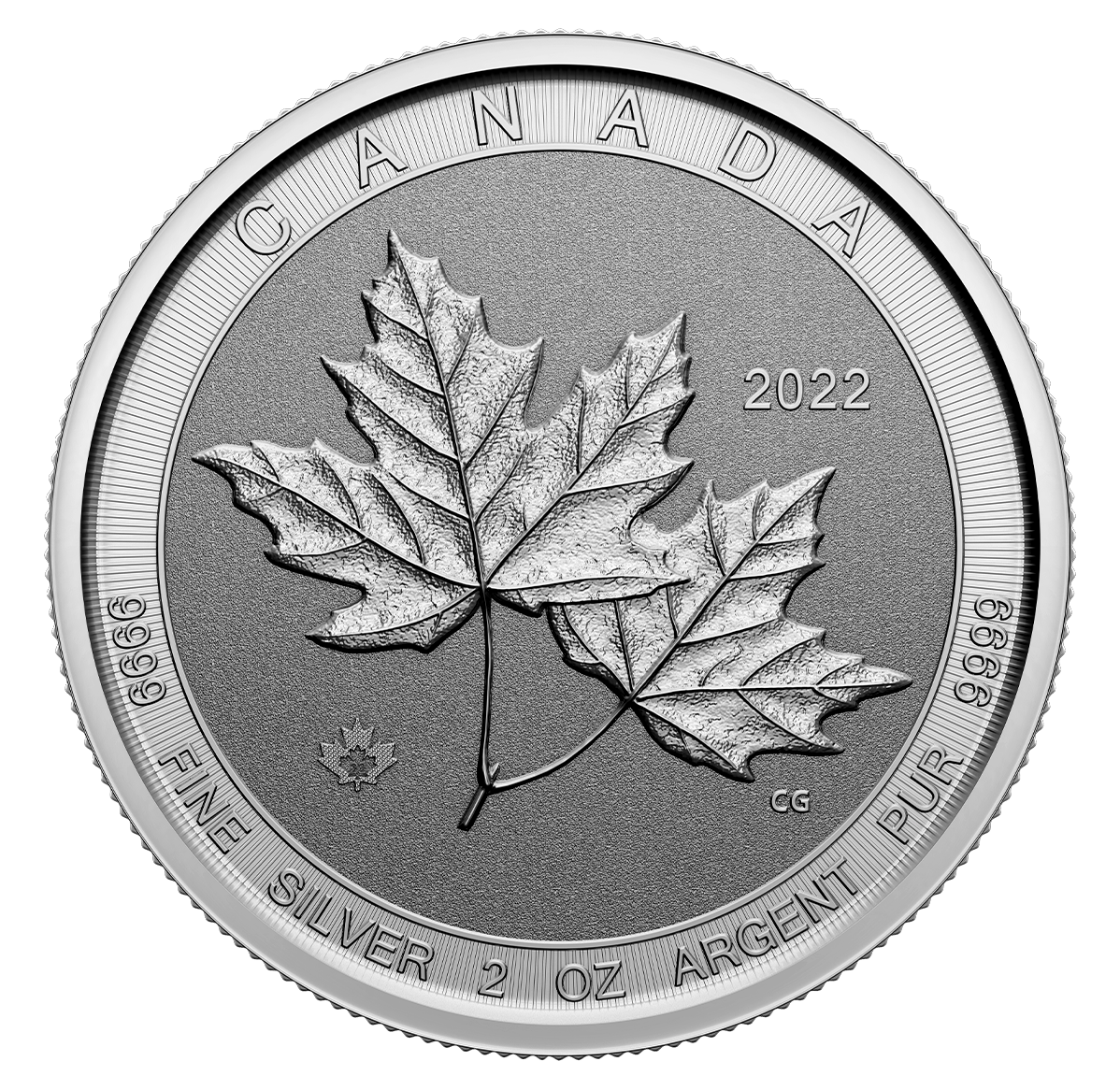 Pièce de 10 $ de 2 oz en argent pur à 99,99 % 2022 – Deux feuilles d'érable (pièce d'investissement)