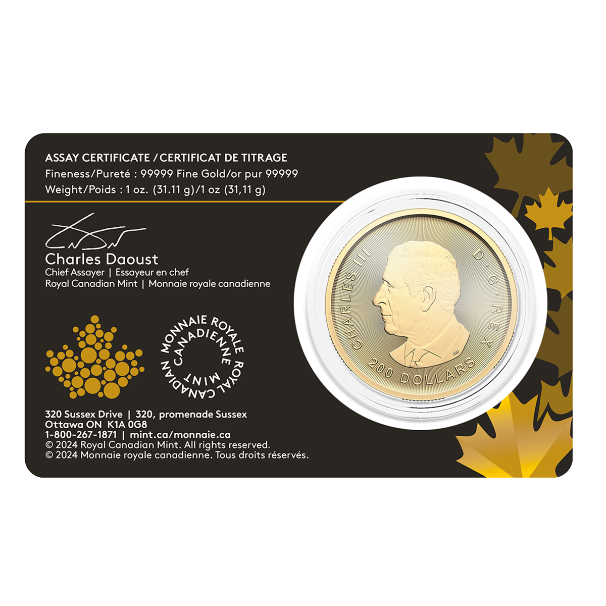 Pièce de 200 $ de 1 oz en or pur à 99,999 % 2024 – De l’argent aurifère à l’or affiné (produit d’investissement)