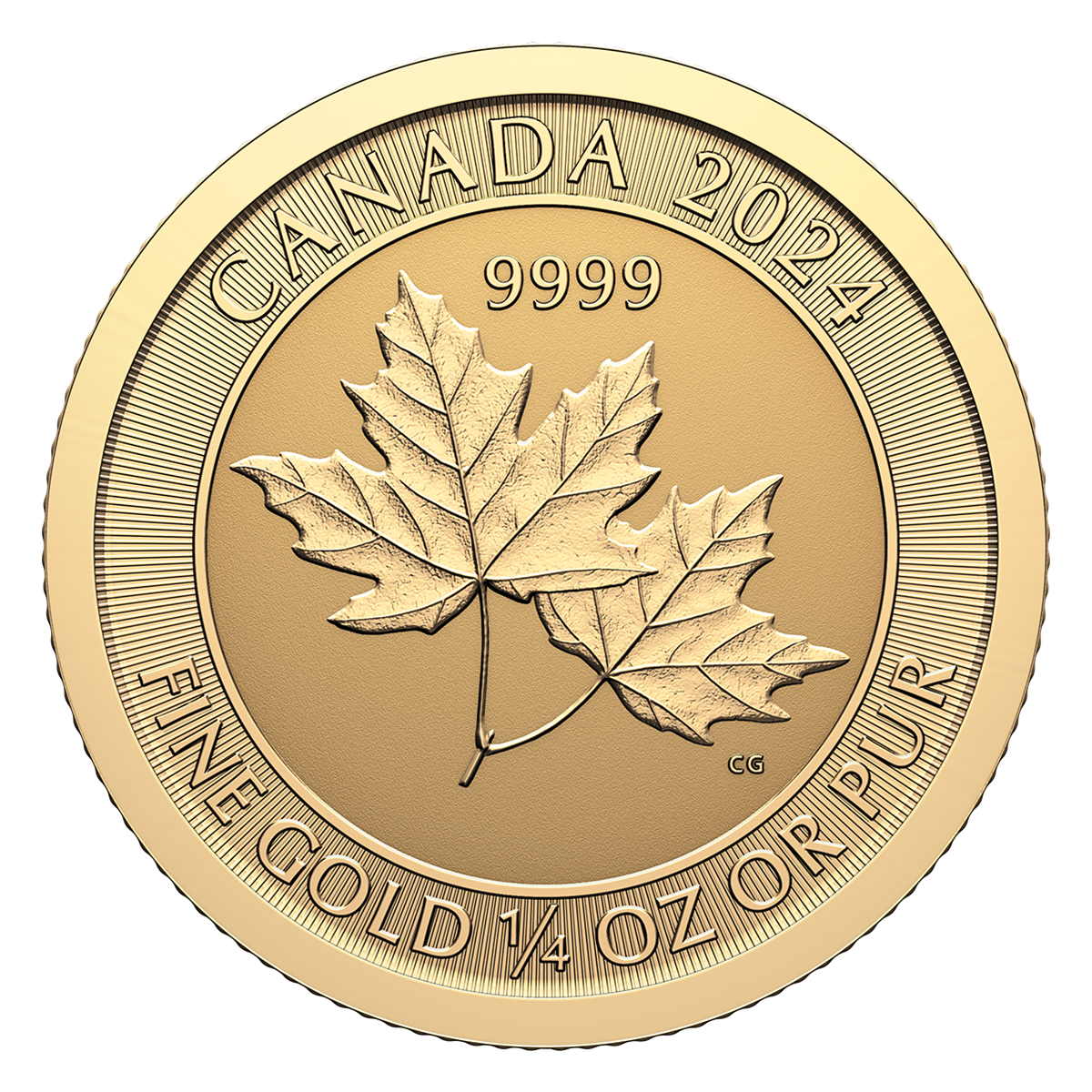 Pièce de 1/4 oz en or pur à 99,99 % 2024 - Deux feuilles d'érable (pièce d'investissement)