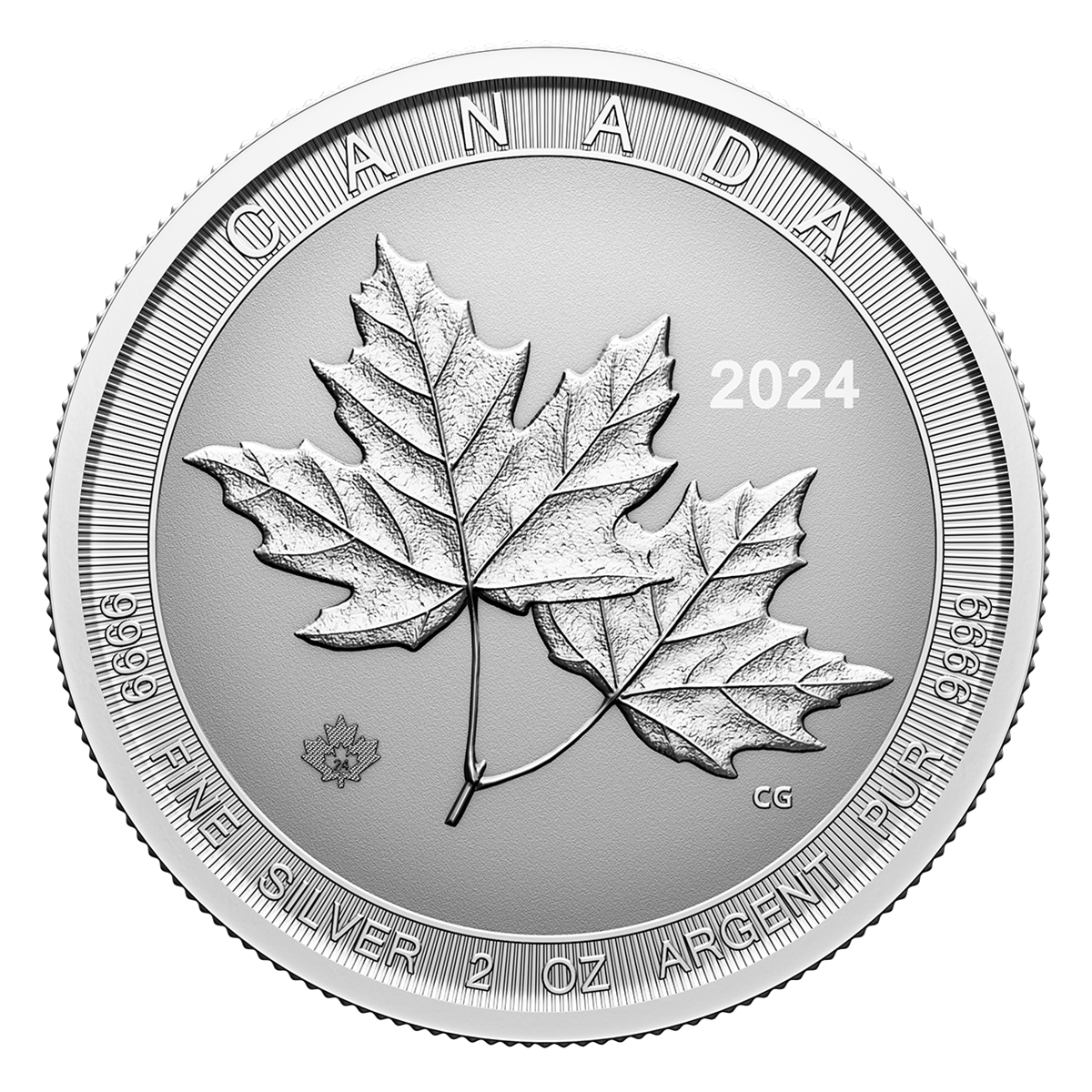 Deux feuilles d'érable - Pièce de 2 oz en argent pur à 99,99 % (pièce d'investissement)